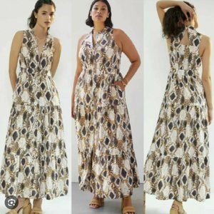 Anthropologie Maeve Snake Print Maxi button down tiered dress